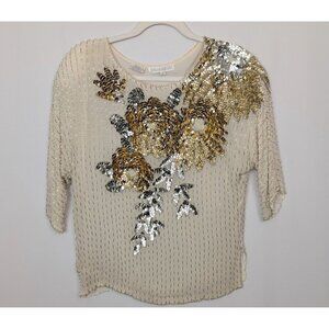 Vintage Roche de Paris France S Silk Blouse Draped Sequined Beaded Floral Top